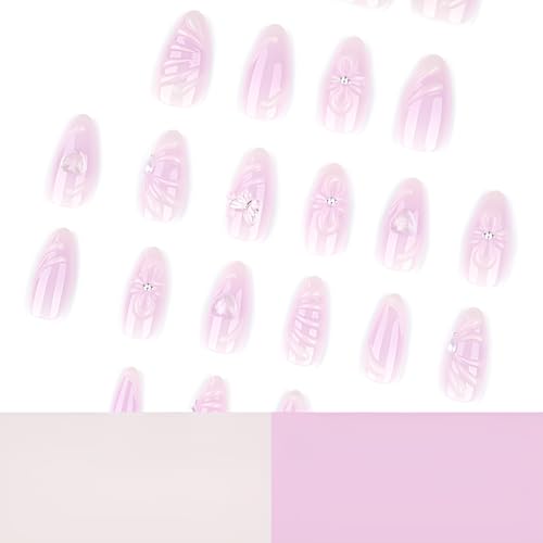 Purple 3D Flower Press On Nails Medium Almond Heart Butterfly False Acrylic Nails Set