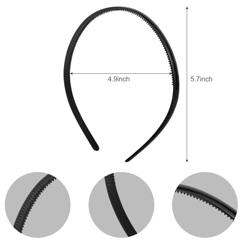 JUNSDUKE 2 Pack Thin Black Plastic Headbands with Teeth Anti-Slip Hair Comb