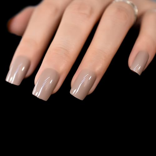 IKISKT Glossy Light Brown Press On Nails Square Fake Nails 24 Pcs