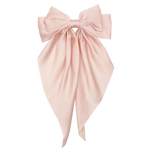 Large Satin Hair Bow Clip Long Tail Champagne Pink French Barrettes