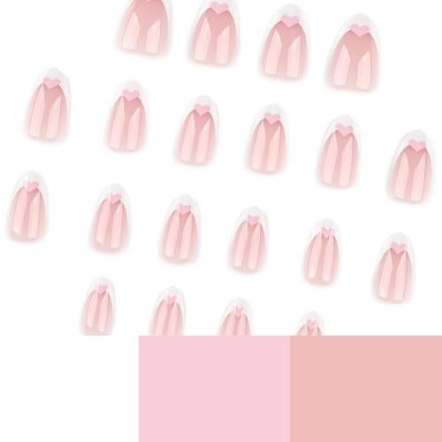 Short Almond Press on Nails French Tip with Pink Heart Valentines Fake Nails Kit