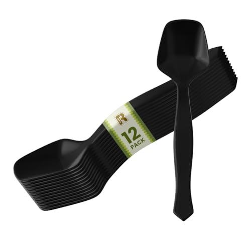 12 Pack Heavy Duty Black Plastic Serving Spoons - Elegant Disposable Utensils for Parties & Gatherings