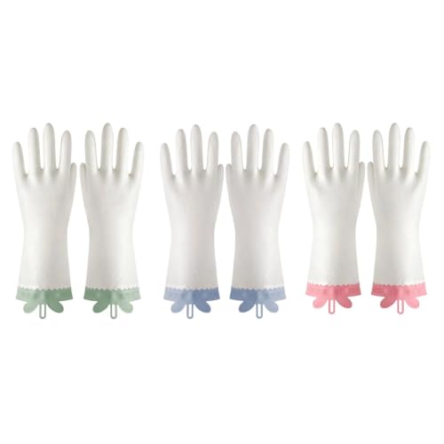 KINGFINGER Reusable PVC Dishwashing Gloves - 3 Pairs with Bunny Ear Cuffs