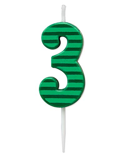 Papyrus Number 3 Green Striped Birthday Candle - 3.25" Tall