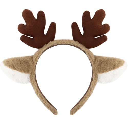 SuPoo Reindeer Antlers Headband Plush Fawn Ears Holiday Costume Hairband