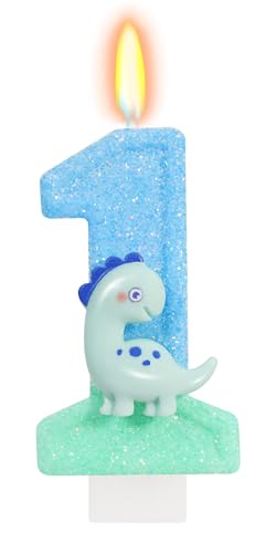 Blue Dinosaur Number 1 Birthday Candle - First Birthday Cake Topper