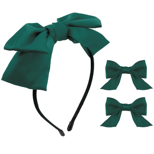 Galuobal Dark Green Satin Hair Bow Headband and Clips Set for Girls