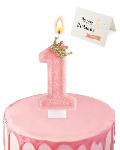 Pink Crown Number Birthday Candle with Greeting Card for Cake
