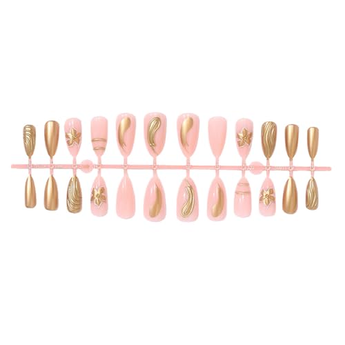 Gold Flower Press on Nails Medium Almond Fake Nails 3D Gold Lines
