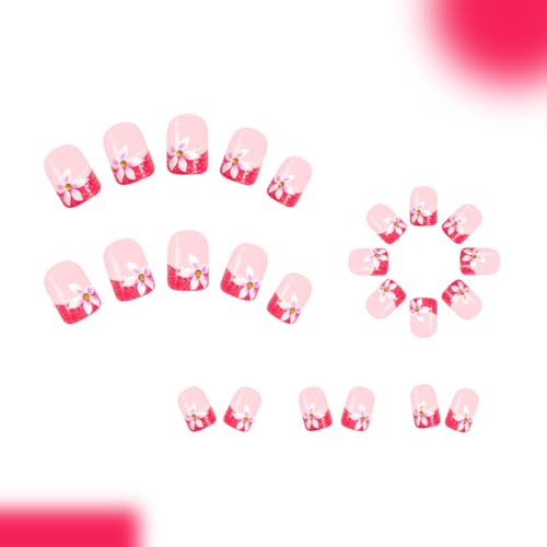 ZOAZJINAZ Peach Blossom Press On Nails Pink French Glitter False Nails
