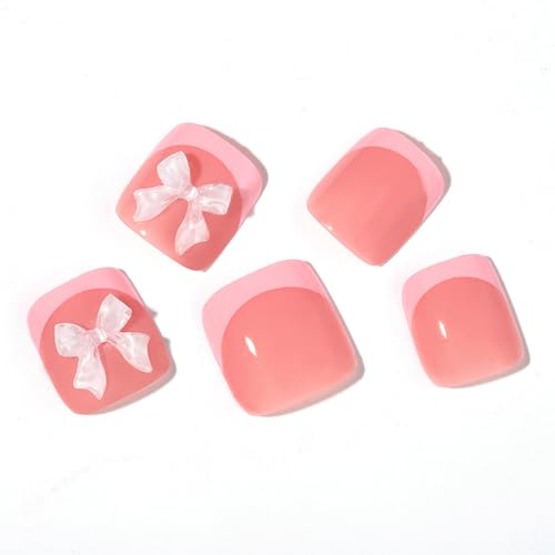 Pink French Tip Press On Toenails Short Square with Bow Charms 24Pcs