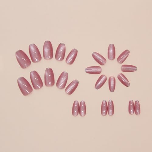 Pink Cat Eye Press on Nails Short Coffin Bling Acrylic False Nails