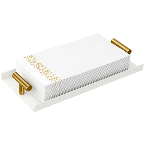 White Metal Napkin Holder Tray for Bathroom & Kitchen - Guest Towel Organizer with Double Handles