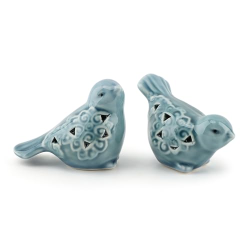 Set of 2 Blue Ceramic Bird Figurines for Home Decor