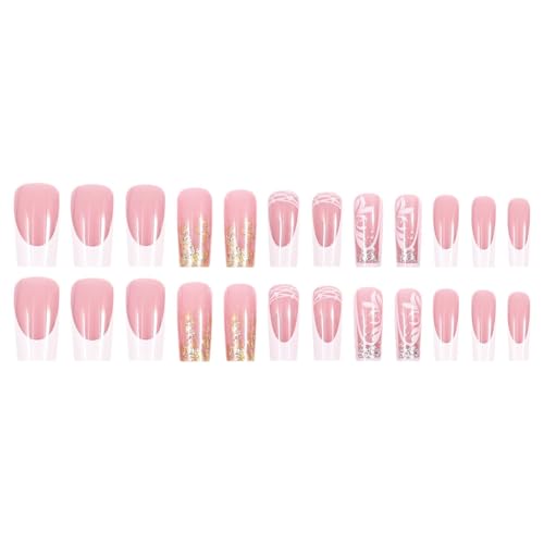 Short French Tip Press on Nails Nude Pink Square False Nails with Flowers