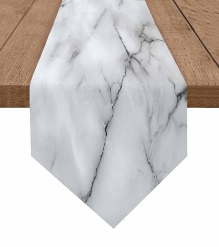 60-Inch Marble Linen Table Runner - Washable Burlap for Dining