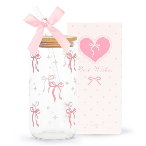 Coquette Pink Bow Glass Cup - 16oz Aesthetic Tumbler with Lid and Straw