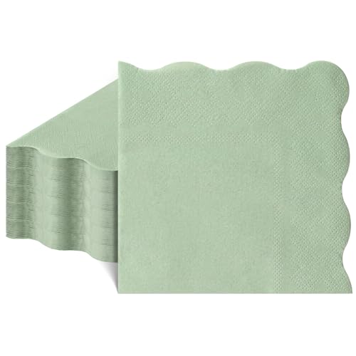 80 Sage Green Scalloped Cocktail Napkins | 2-Ply Disposable Paper Napkins for Parties