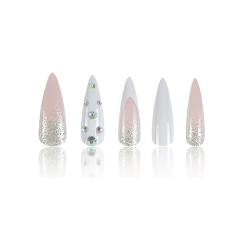 ANDGING White Ombre Stiletto Press on Nails with Rhinestone Designs