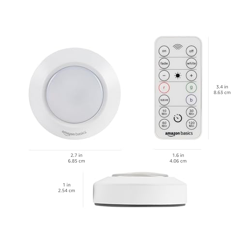 Amazon Basics Motion Sensor LED Puck Light, Color Changing, IR Remote, 2-Pack
