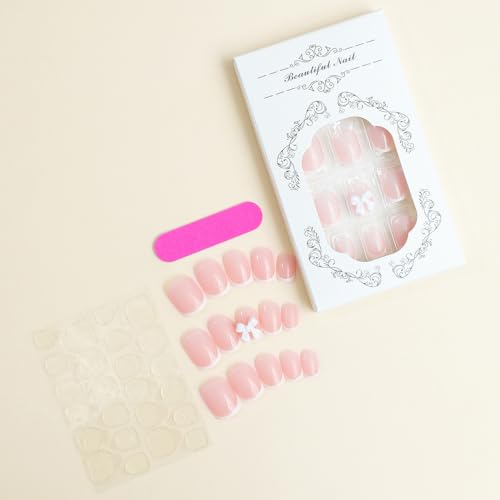 White French Tip Press on Nails Short Square False Nails with Bow