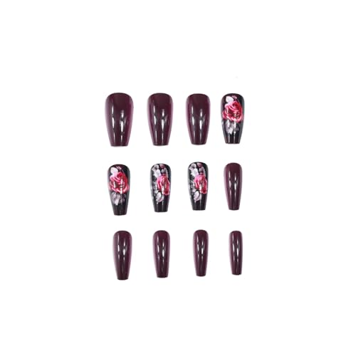Dark Rose Press on Nails Medium Coffin Wine Red Y2K Acrylic Fake Nails Set