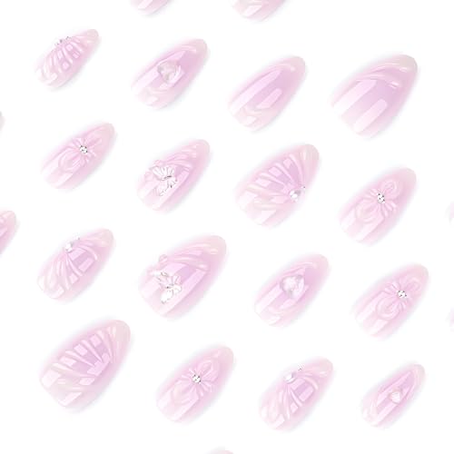 Purple 3D Flower Press On Nails Medium Almond Heart Butterfly False Acrylic Nails Set