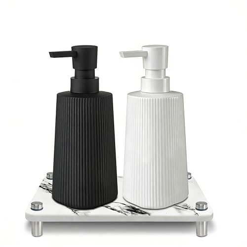 Modern Farmhouse Glass Soap Dispenser Set with Diatomite Tray (White/Black)