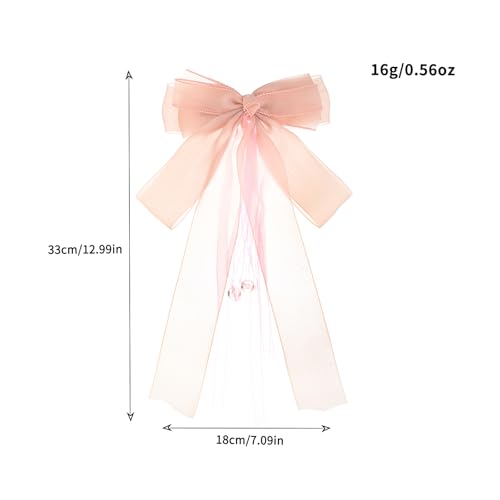 Firopia Pink Silk Hair Bow with Long Ribbons and Beads