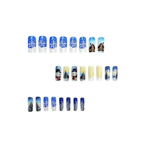 Glossy Blue Christmas Press-On Nails Medium Square Fake Nails with Snowman & Snowflake Design and 3D Rhinestones