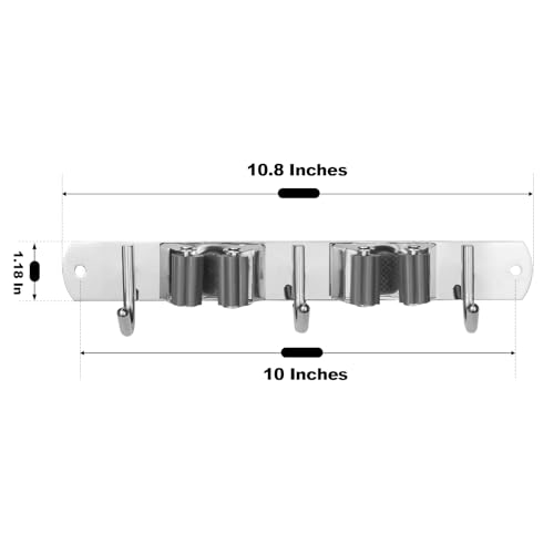 voze Stainless Steel Broom and Mop Holder - 2 Racks and 3 Hooks, Silver