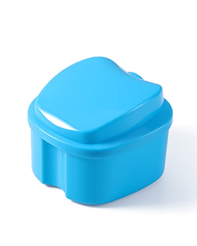 JMU Denture Bath Case with Strainer Basket, Light Blue Mouthguard Cup