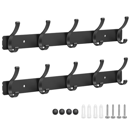Dntorx Black Wall Mount Coat Rack 2 Pack with 5 Double Hooks - Easy Install
