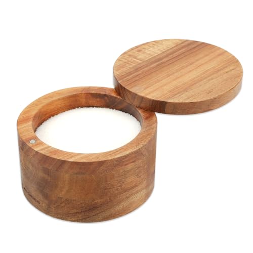 KITCHENDAO Acacia Wood Salt Cellar, 6oz Magnetic Swivel Lid Spice Box