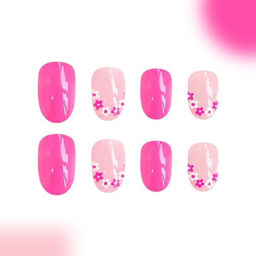 Short Almond Press On Nails Hot Pink Flower False Acrylic Manicure Kit 24Pcs