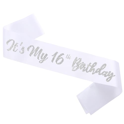 It's My 16th Birthday Satin Sash with Silver Glitter Letters, White