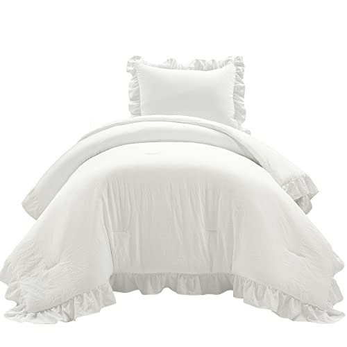Lush Decor Reyna Ruffle Comforter Set - 2 Piece Twin Size Ruffle Comforter Set - Elegance for Dorm Room - Twin XL, Pure White