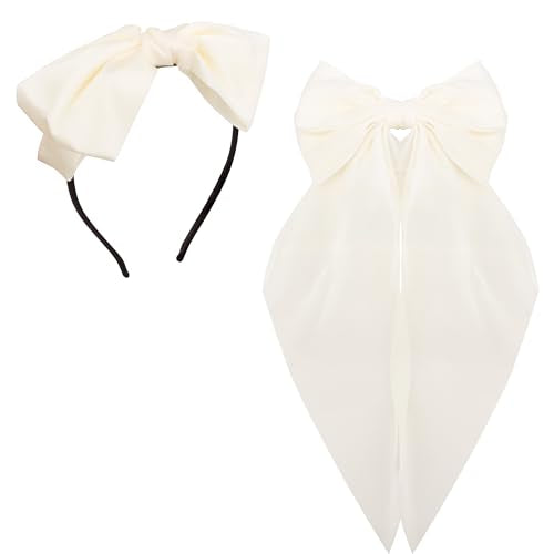 AHONEY 2 Pack White Satin Hair Bow Clips with Long Ribbons