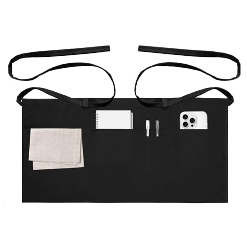 LOHYILYE 12-Inch Waist Apron with 3 Pockets - Black Server Half Apron