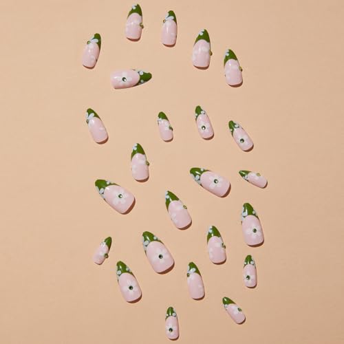 Green French Tip Press On Nails Medium Almond Fake Nails with Flower Art