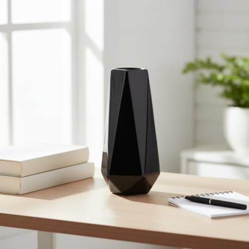 7.5 Inch Black Ceramic Vase - Modern Geometric Design for Home Decor - QEELINBO