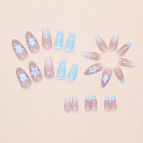 Blue 3D Starfish & Pearl Flower Almond Press on Nails (24 Pcs)