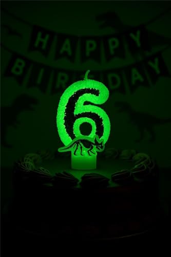 Number 6 Dinosaur Birthday Candle - Glow in the Dark Skeleton Cake Topper