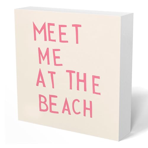 Pink Beach Themed Wooden Box Sign for Desk Decor - 5x5 Inch