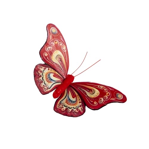 Artificial Feather Butterfly Decorations Set of 12 with Clip - Red Series for Christmas Tree F Clip