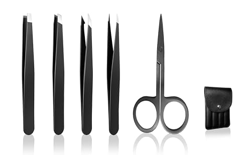 5-Piece Professional Stainless Steel Eyebrow Tweezers Set with Leather Case