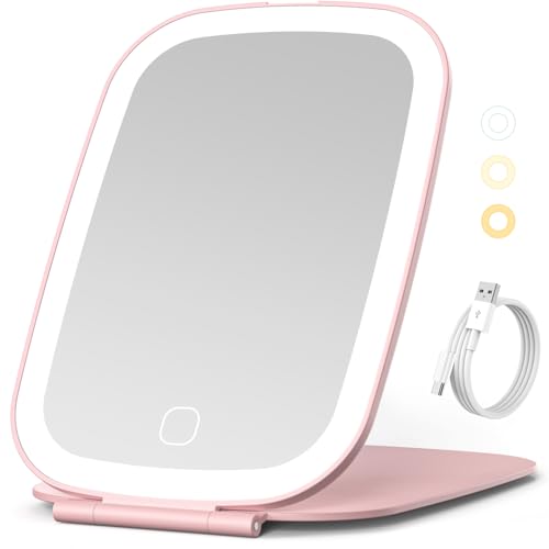 NEZZOE Rechargeable Travel Makeup Mirror with LED Light, 7x5 Pink