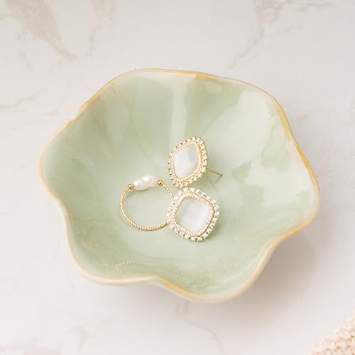 Mecaikru 4-Inch Ceramic Ring Dish - White Green Kiln Glazed Trinket Tray