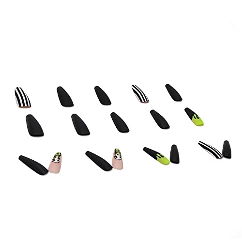 BYETOCE Long Coffin Press On Nails Halloween Black White Stripe Cute Ghost