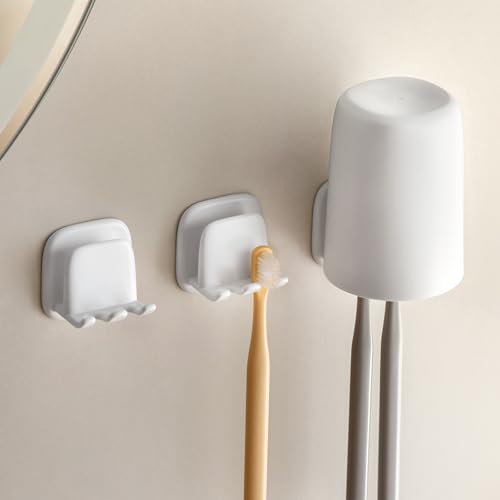 Wall Mounted Toothbrush Holder with Cup Hook - Adhesive Bathroom Organizer